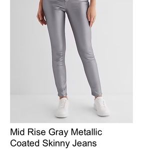 Express Mid Rise Grey Metallic Coated Skinny Jeans